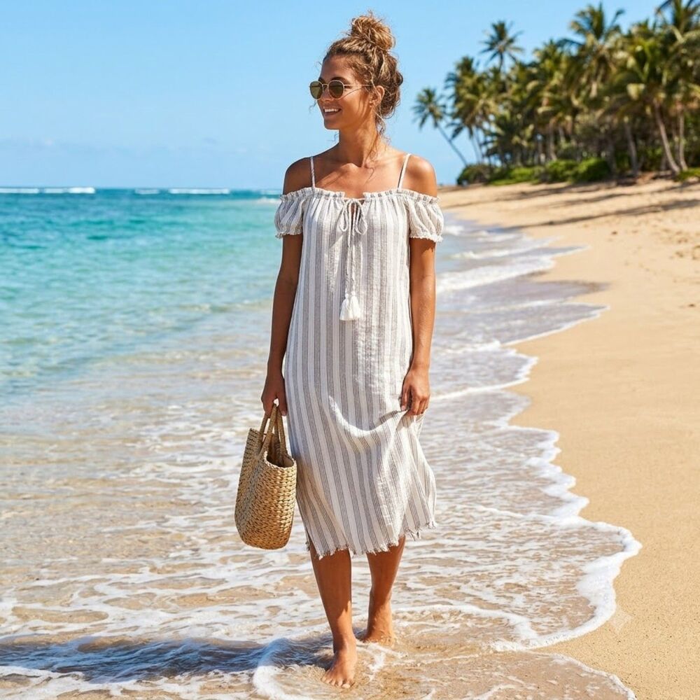 Splendid NEW Striped Cotton Dress Midi NEW XS Summer Strappy Neutral